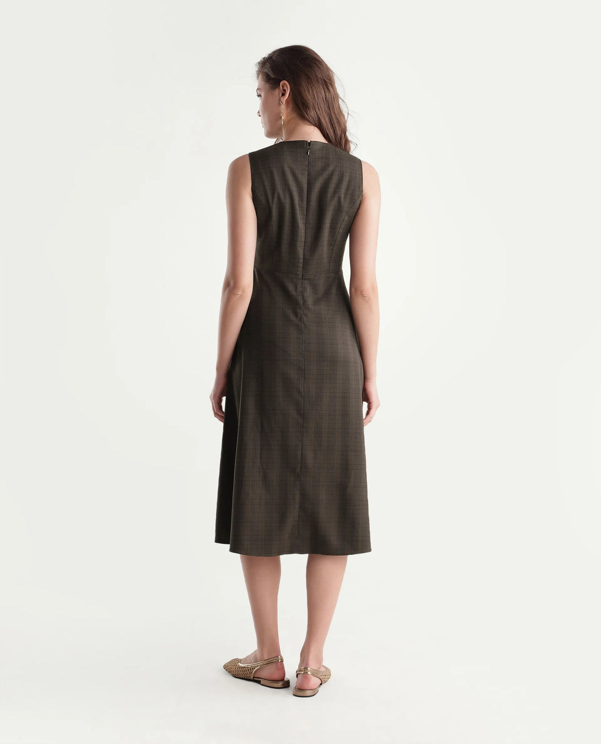 Rareism Women's Quseno Brown Polyester Blend Crew Neck Fit And Flare Checked Dress