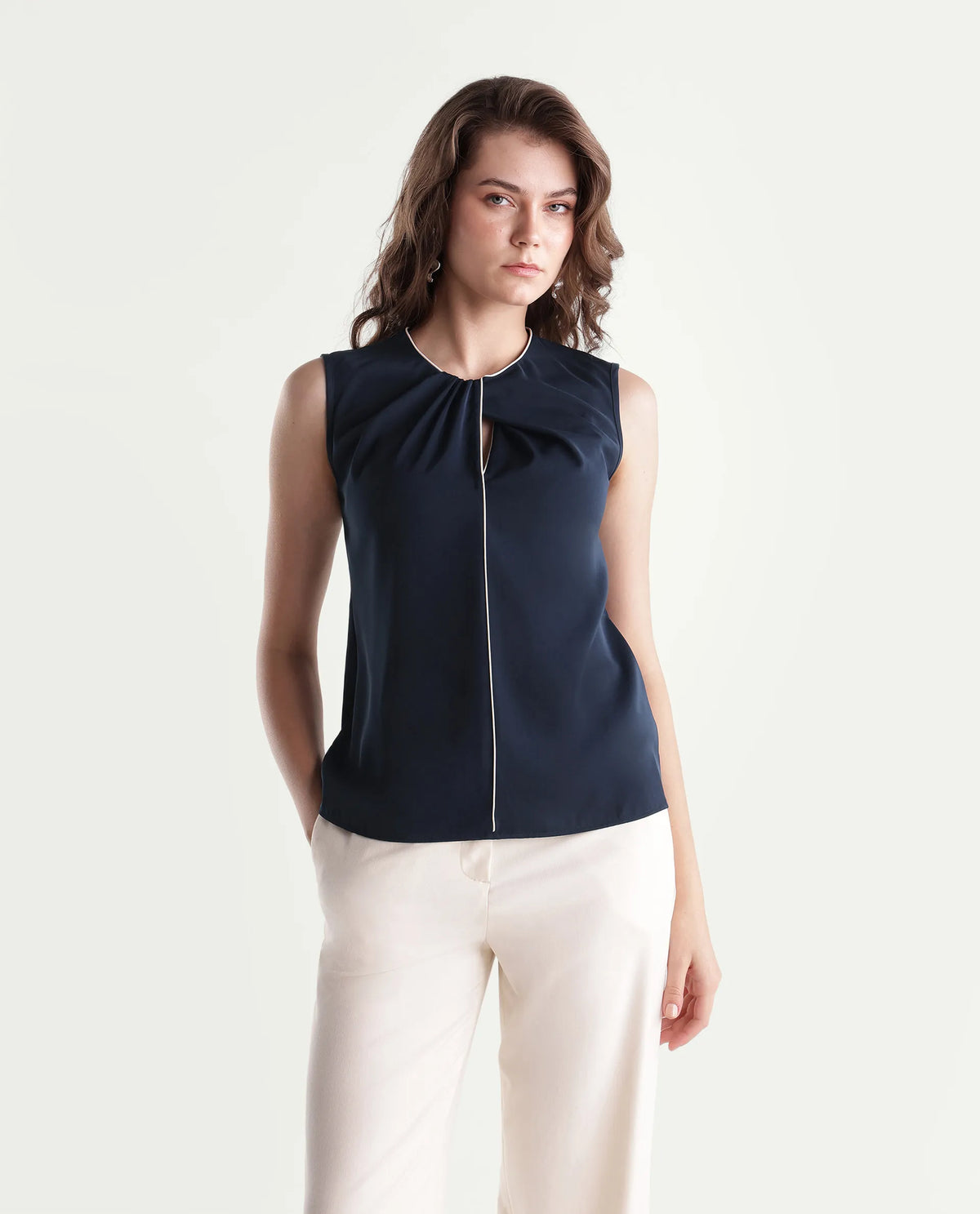 Rareism Women's Wade Navy Polyester Crew Neck Regular Plain Top