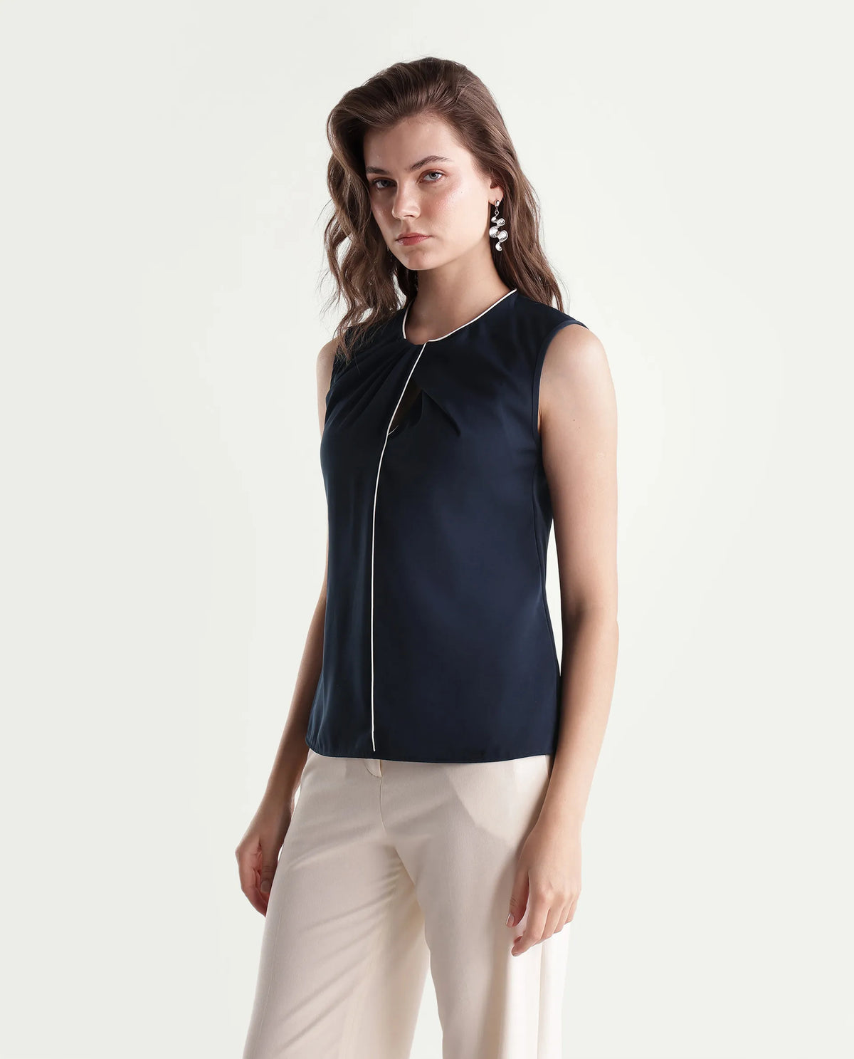 Rareism Women's Wade Navy Polyester Crew Neck Regular Plain Top