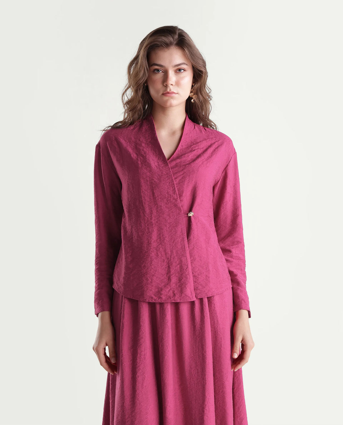 Rareism Women's Willis-T Dark Pink Viscose Blend Over Lap Wrap Jacquard Top