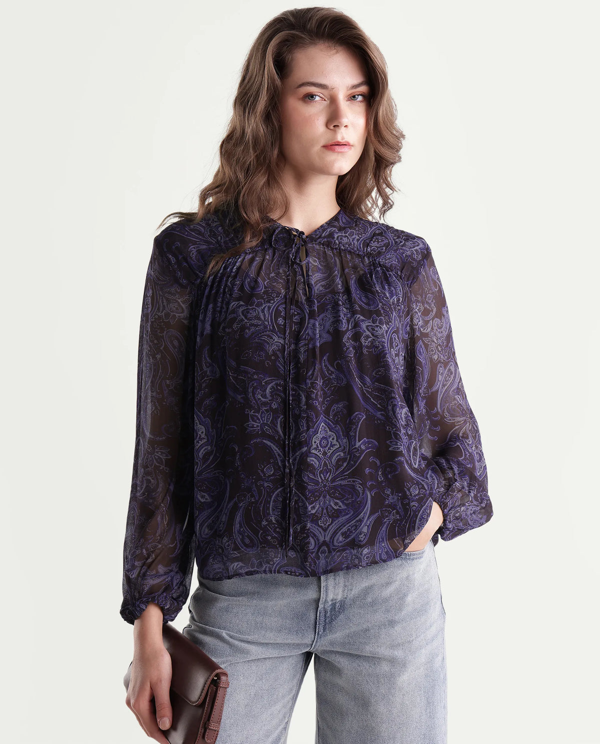 Rareism Women's Ducos Brown Viscose Relaxed Paisley Print Top