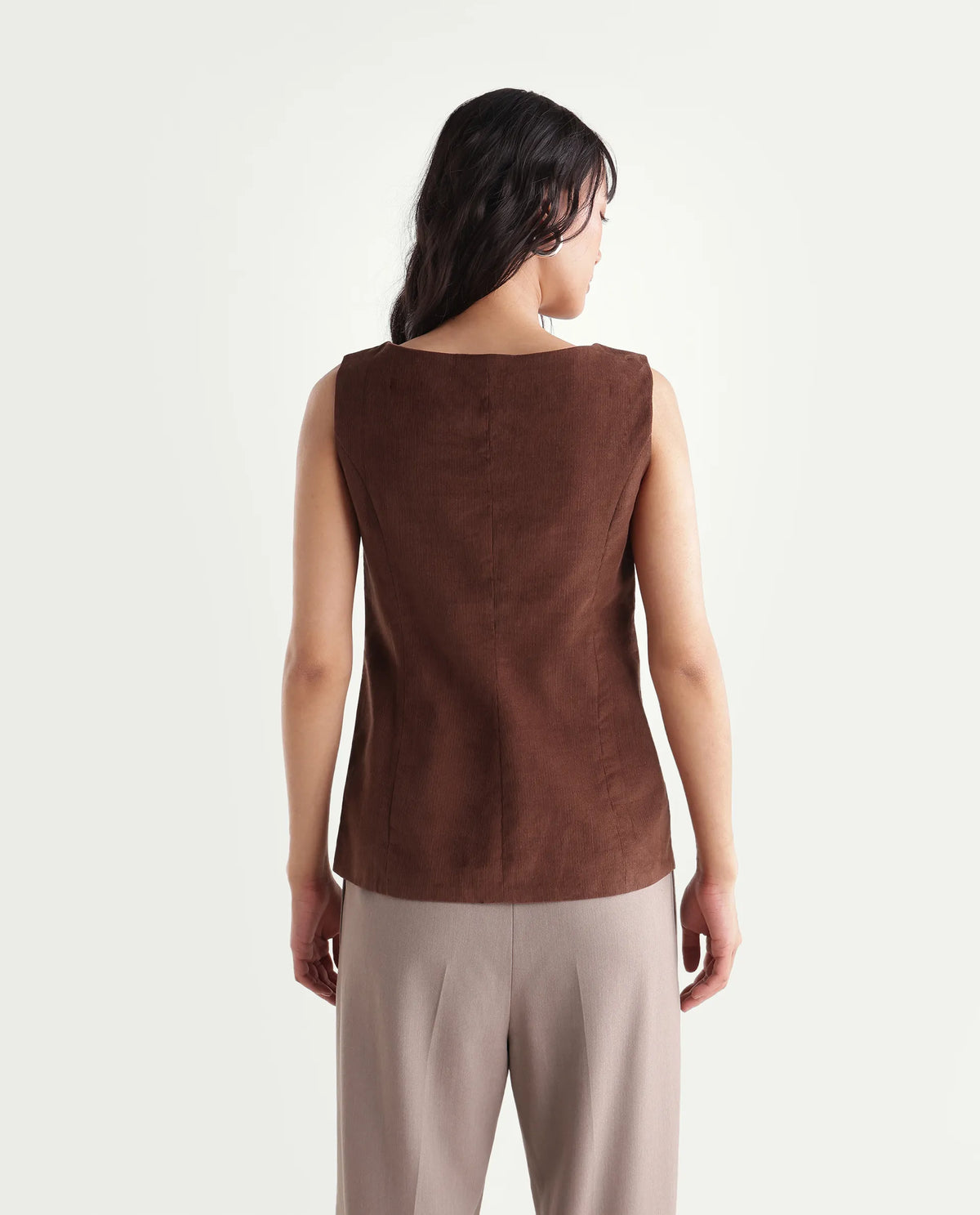 Rareism Women's Zina Brown Cotton Boat Neck Fitted Plain Waist Coat