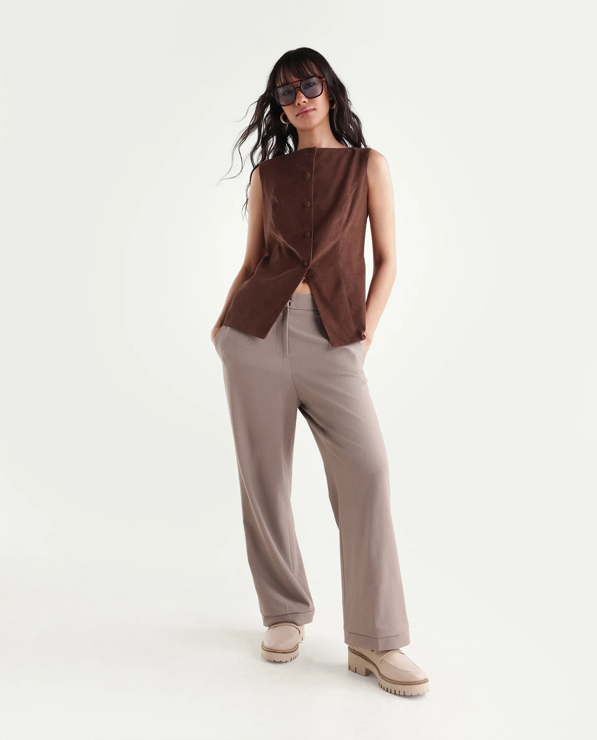 Rareism Women's Zina Brown Cotton Boat Neck Fitted Plain Waist Coat