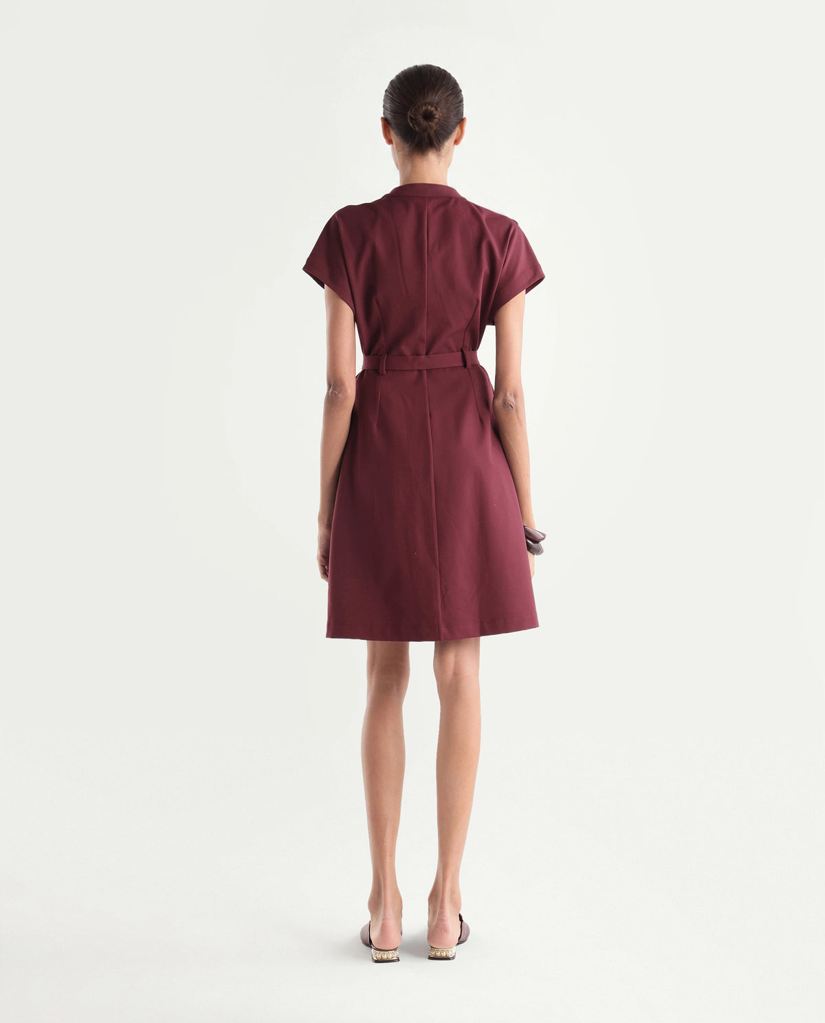 Rareism Women's Wory Dark Red Polyester Blend Mandarin Collar A-Line Plain Dress