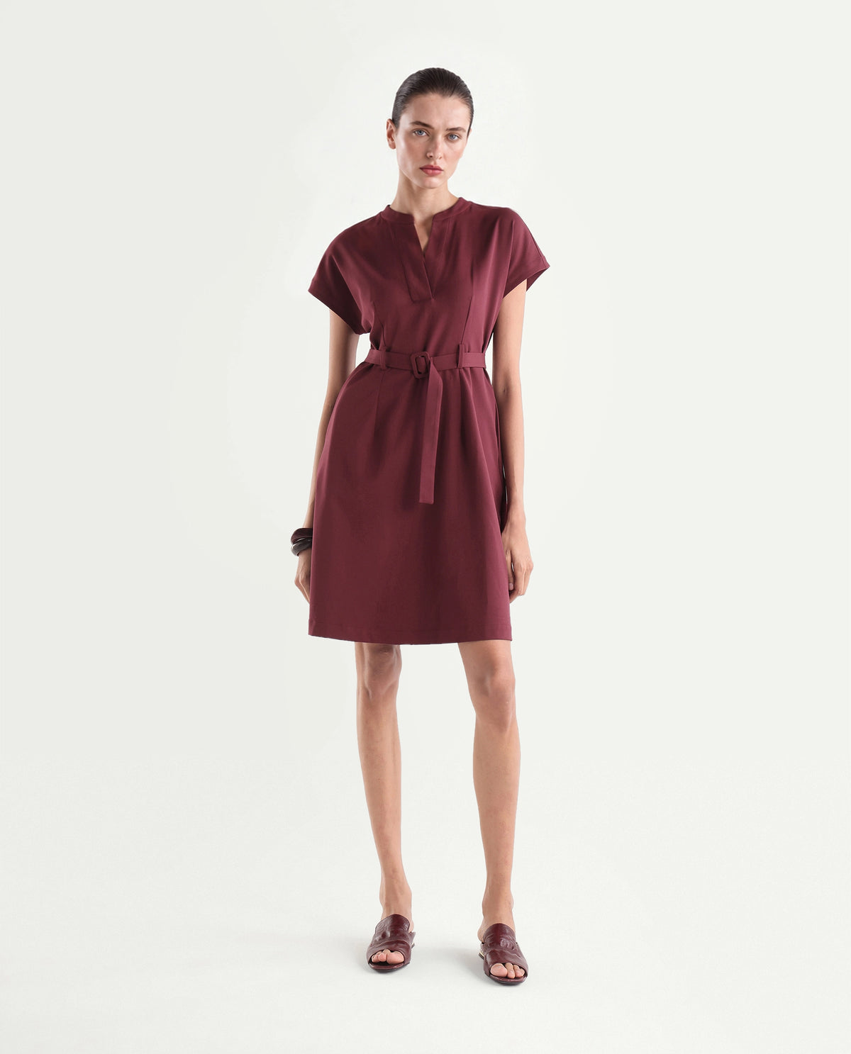 Rareism Women's Wory Dark Red Polyester Blend Mandarin Collar A-Line Plain Dress