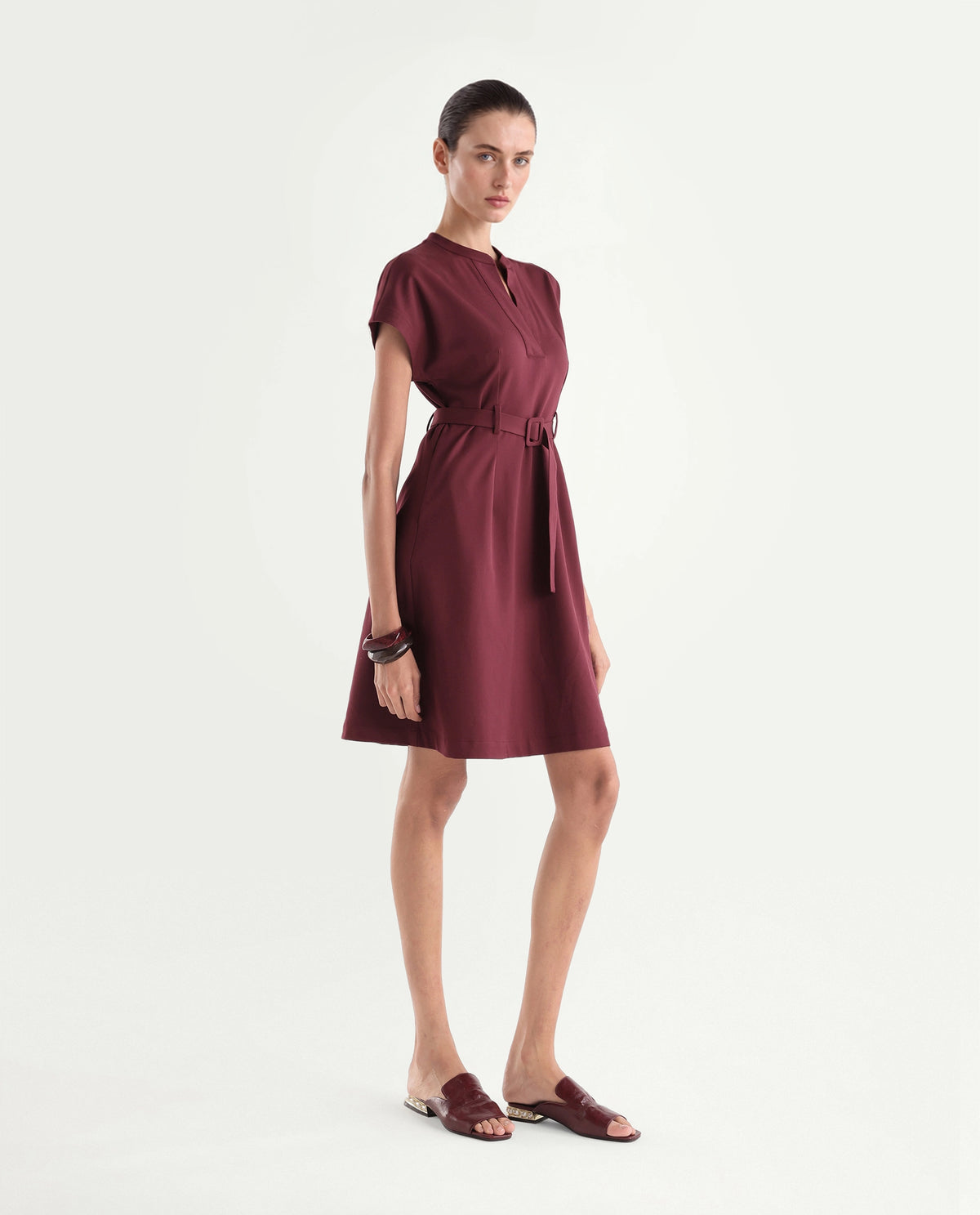 Rareism Women's Wory Dark Red Polyester Blend Mandarin Collar A-Line Plain Dress