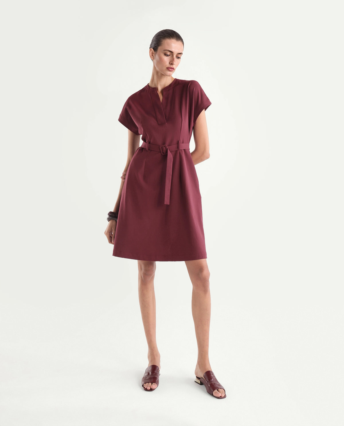 Rareism Women's Wory Dark Red Polyester Blend Mandarin Collar A-Line Plain Dress