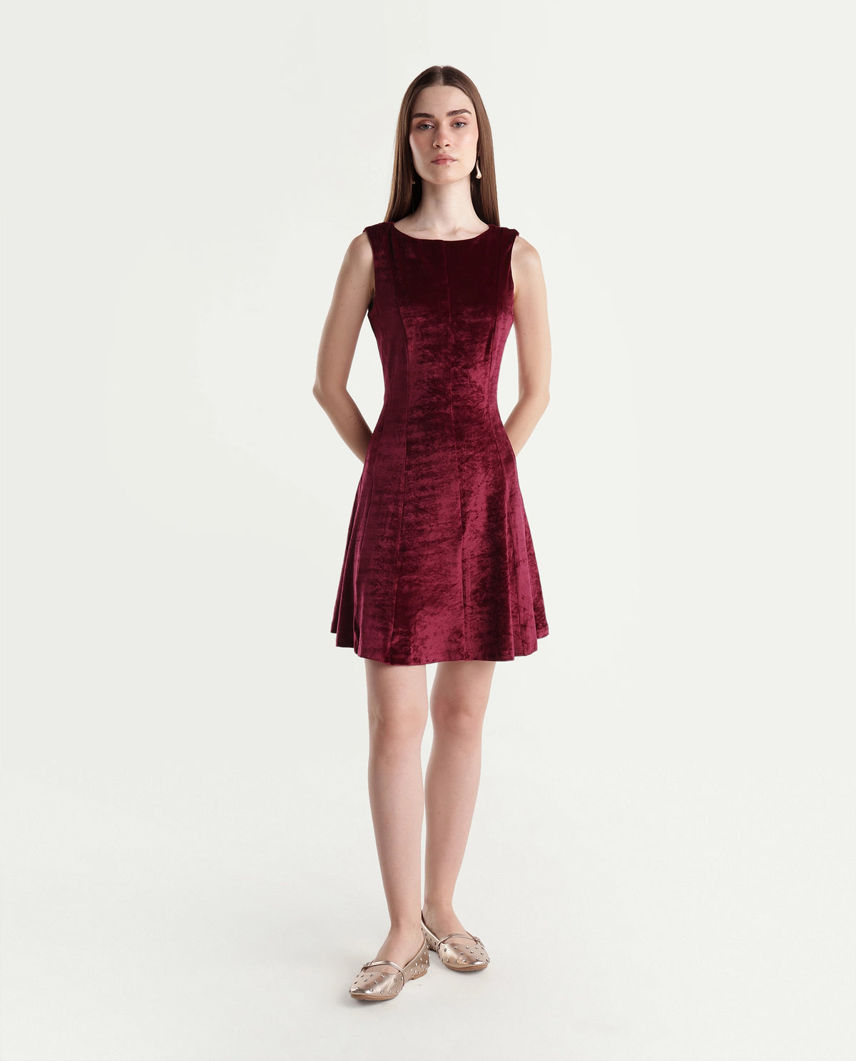 Rareism Women's Potac Maroon Polyester Blend Crew Neck Fit And Flare Plain Dress
