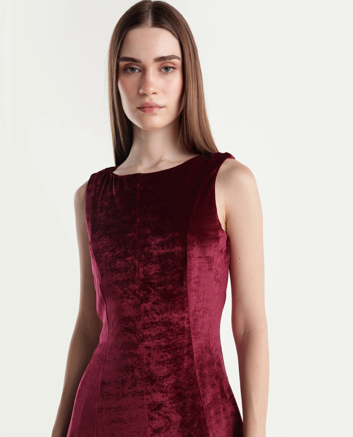 Rareism Women's Potac Maroon Polyester Blend Crew Neck Fit And Flare Plain Dress