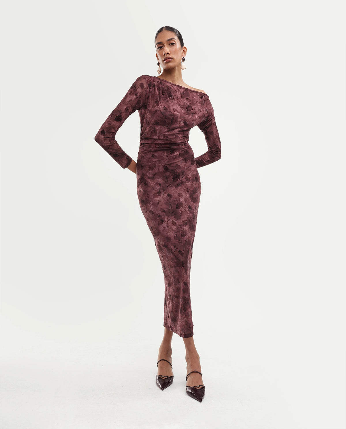 Rareism Women's Perth Light Maroon Polyester Blend One Shoulder Bodycon Floral Print Dress