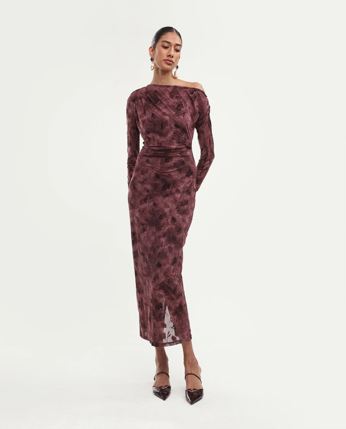 Rareism Women's Perth Light Maroon Polyester Blend One Shoulder Bodycon Floral Print Dress