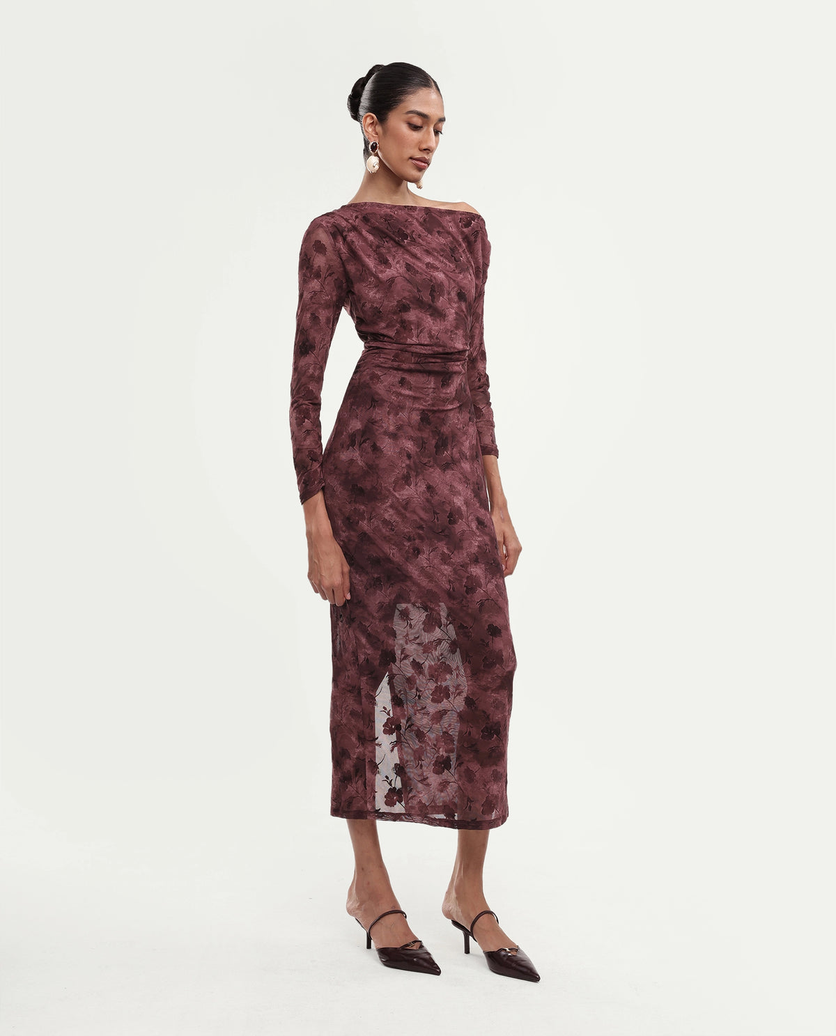 Rareism Women's Perth Light Maroon Polyester Blend One Shoulder Bodycon Floral Print Dress