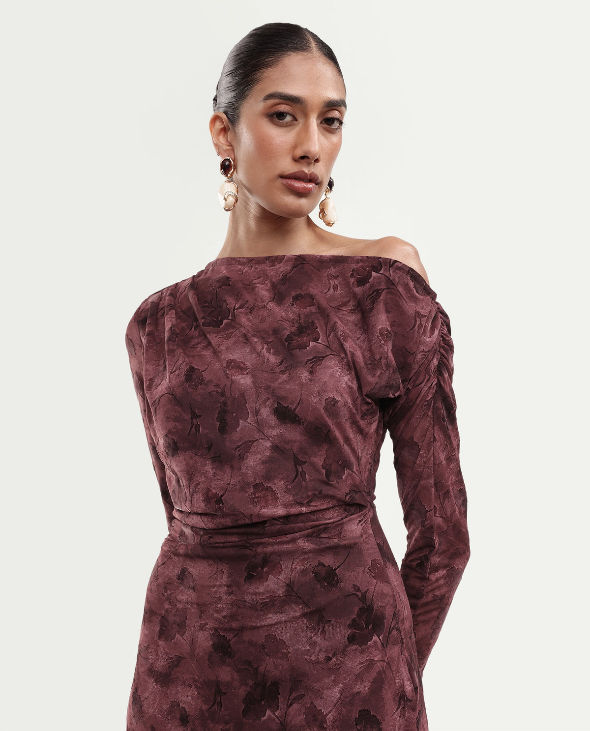 Rareism Women's Perth Light Maroon Polyester Blend One Shoulder Bodycon Floral Print Dress