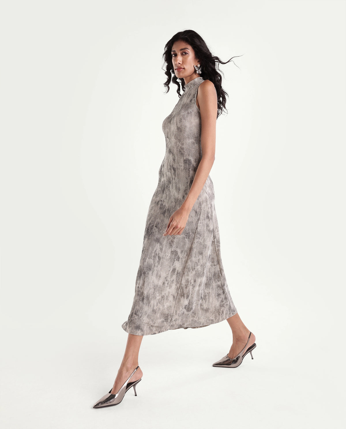 Rareism Women's Parissa Light Grey Nylon Blend Turtle Neck Fit And Flare Abstract Print Dress