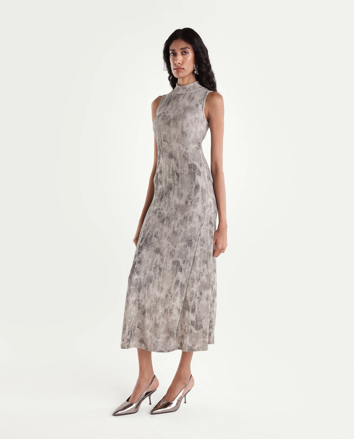 Rareism Women's Parissa Light Grey Nylon Blend Turtle Neck Fit And Flare Abstract Print Dress