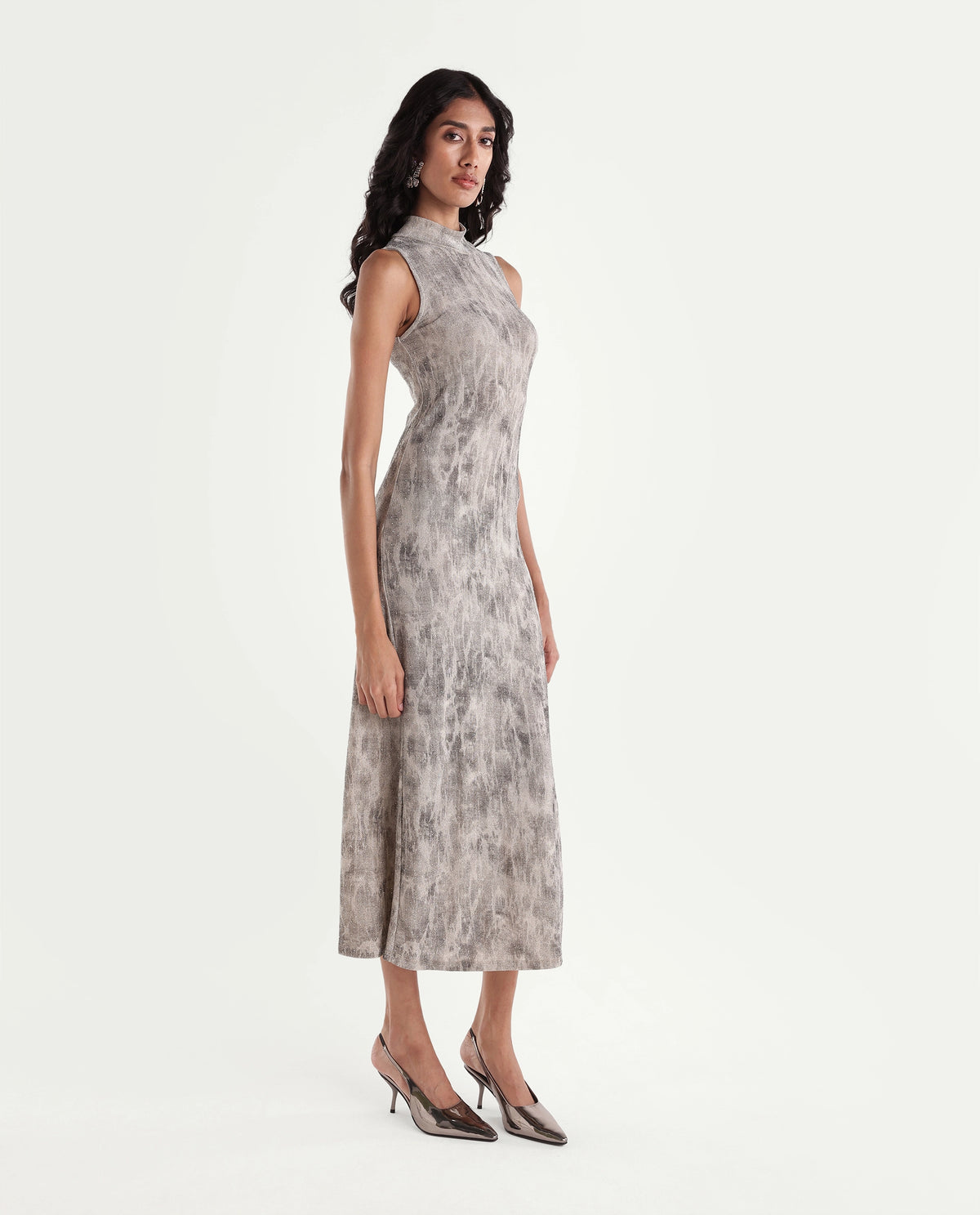 Rareism Women's Parissa Light Grey Nylon Blend Turtle Neck Fit And Flare Abstract Print Dress