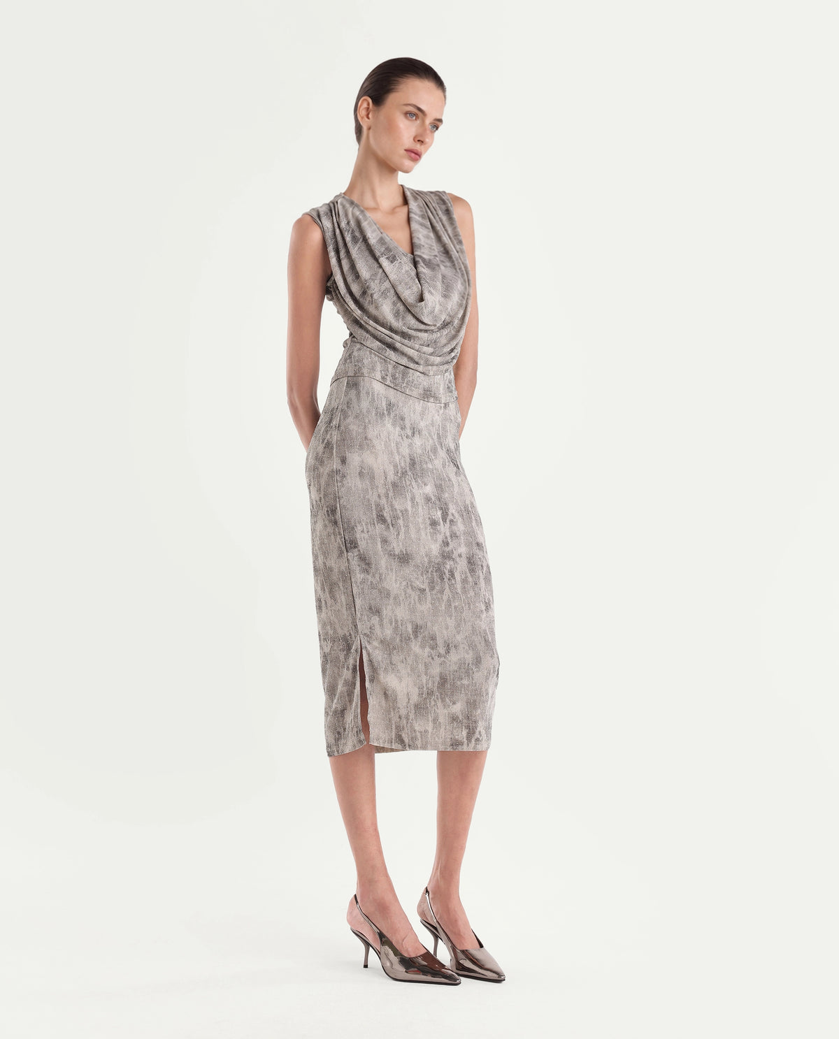 Rareism Women's Padel-T Light Grey Nylon Blend Cowl Neck Relaxed Abstract Print Top