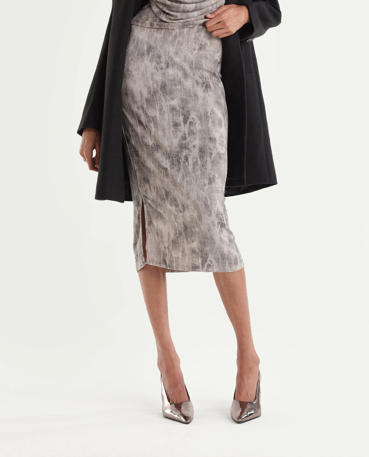 Rareism Women's Padel-T Light Grey Nylon Blend Cowl Neck Relaxed Abstract Print Top