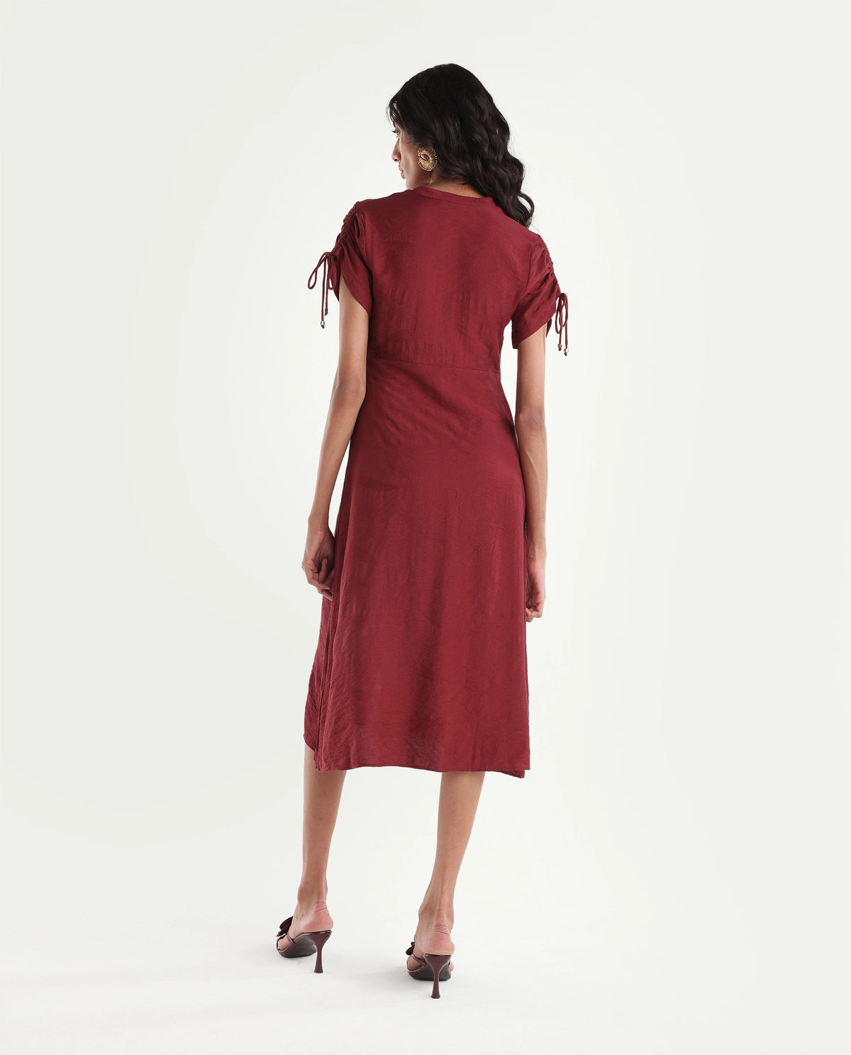 Rareism Women's Betty Maroon Viscose Blend Stand Collar Cinched Waist Jacquard Dress
