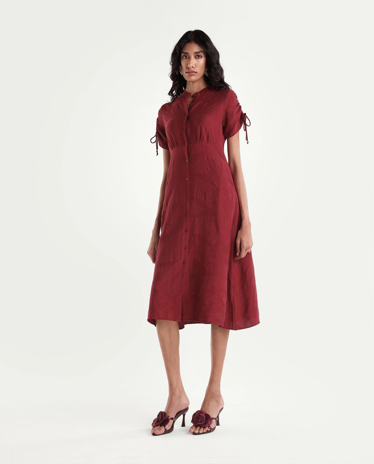 Rareism Women's Betty Maroon Viscose Blend Stand Collar Cinched Waist Jacquard Dress