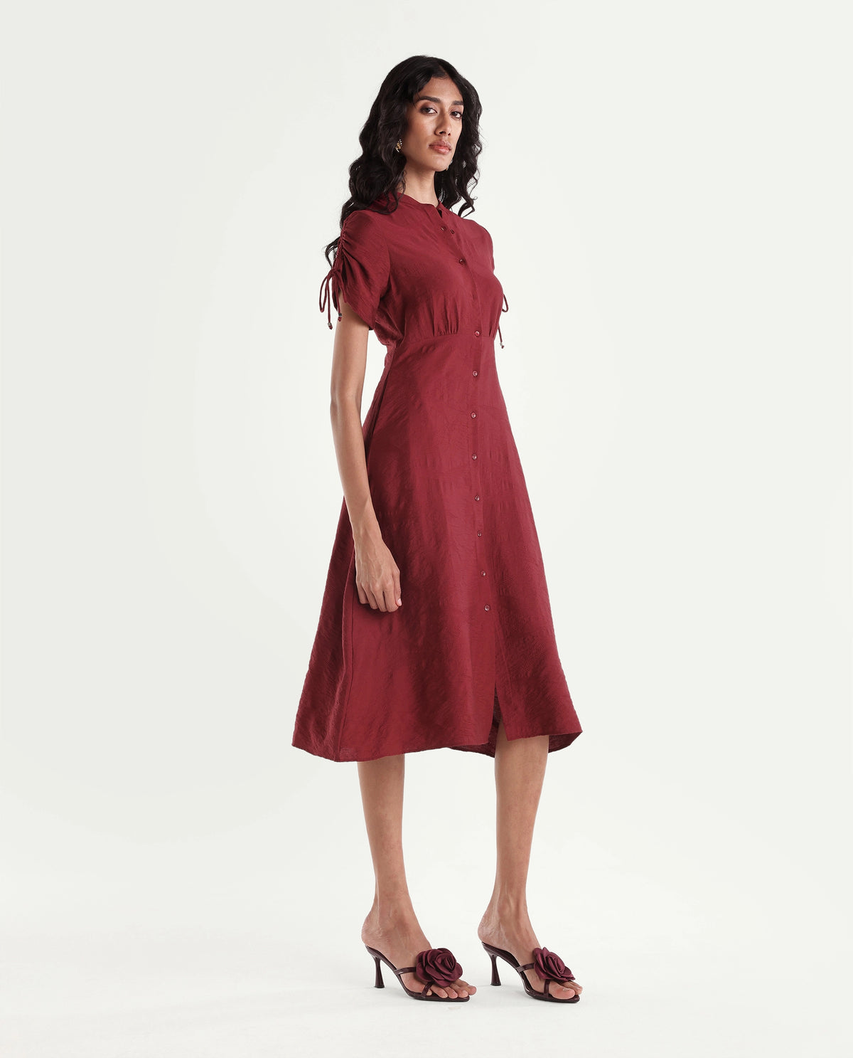 Rareism Women's Betty Maroon Viscose Blend Stand Collar Cinched Waist Jacquard Dress