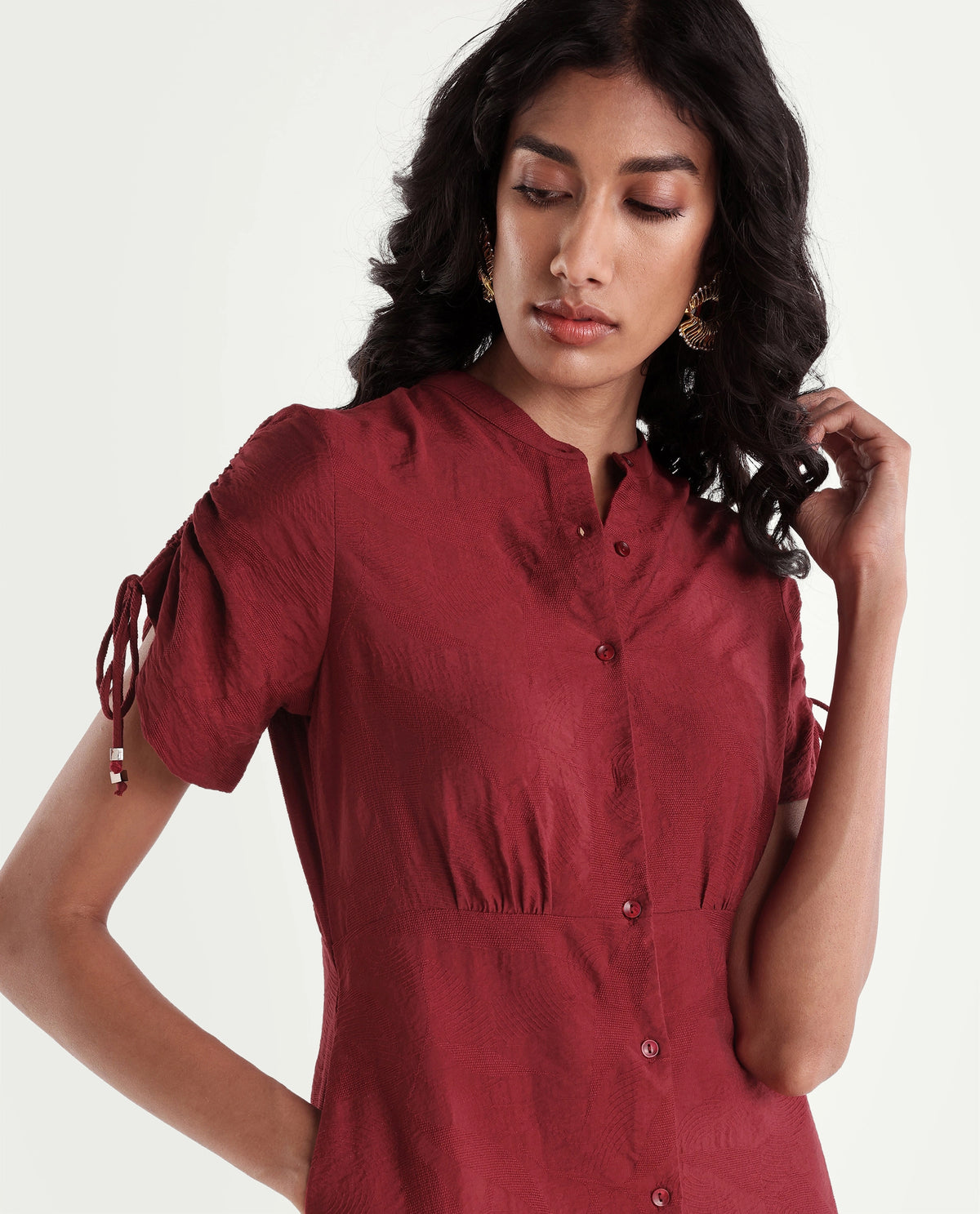 Rareism Women's Betty Maroon Viscose Blend Stand Collar Cinched Waist Jacquard Dress