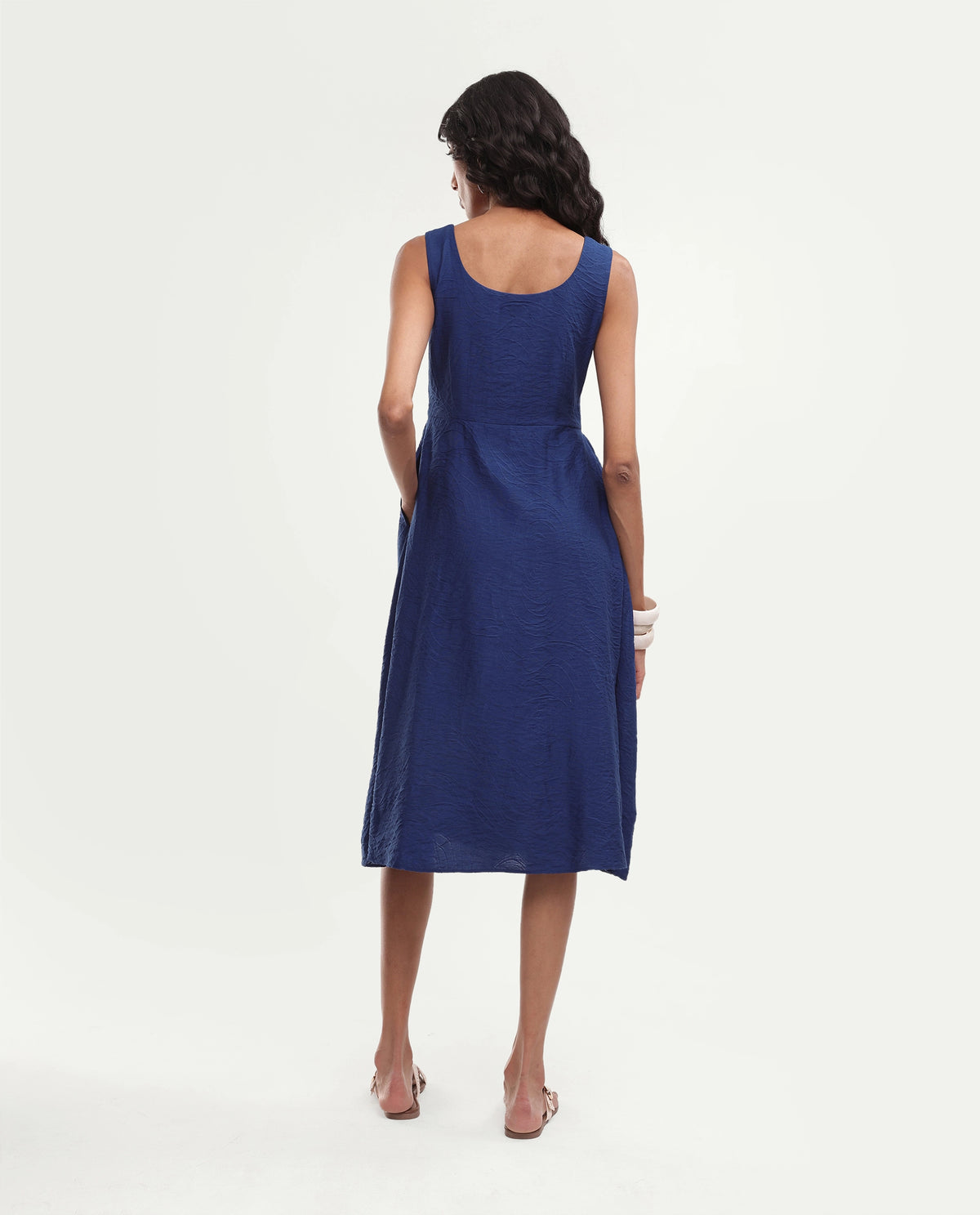 Rareism Women's Dazu Blue Viscose Blend Scoop Neck Fit And Flare Jacquard Dress