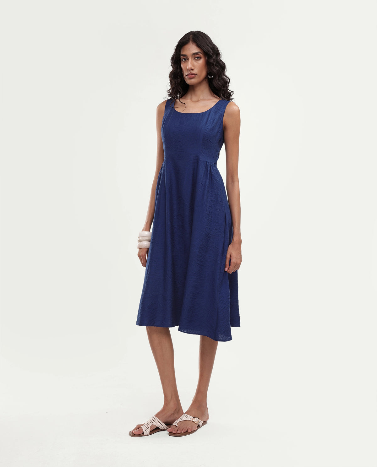 Rareism Women's Dazu Blue Viscose Blend Scoop Neck Fit And Flare Jacquard Dress