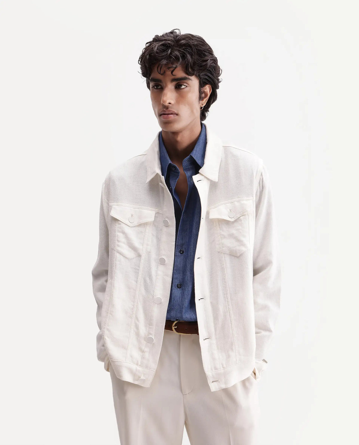 Rare Rabbit Men's Mirk-S White Linen Blend Spread Collar Regular Plain Jacket