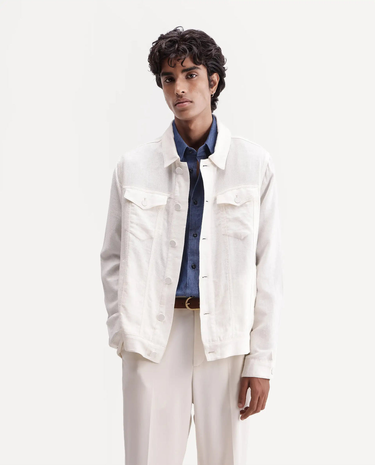 Rare Rabbit Men's Mirk-S White Linen Blend Spread Collar Regular Plain Jacket