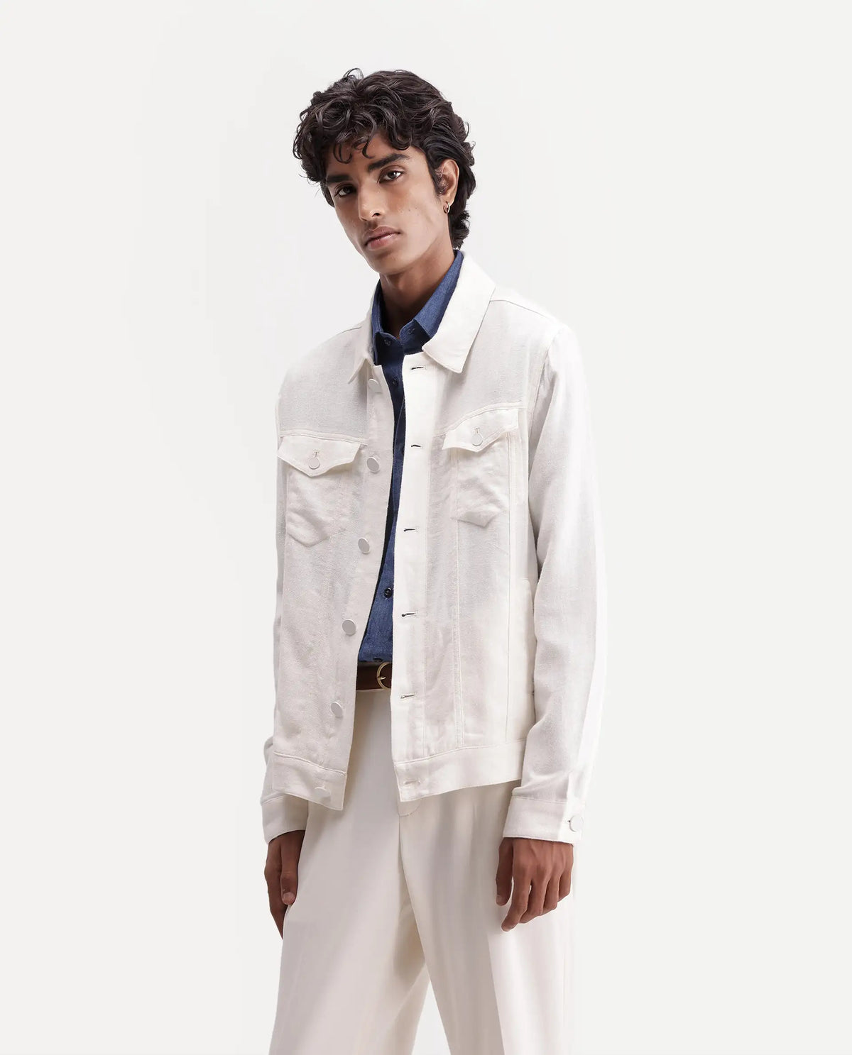 Rare Rabbit Men's Mirk-S White Linen Blend Spread Collar Regular Plain Jacket