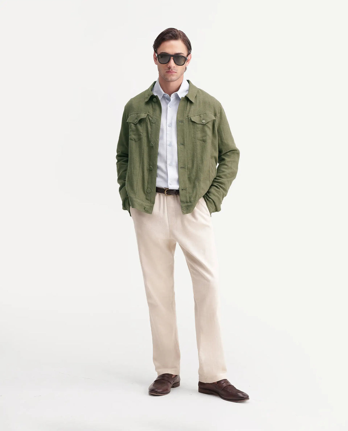 Rare Rabbit Men's Mirk-S Green Linen Blend Spread Collar Regular Plain Jacket