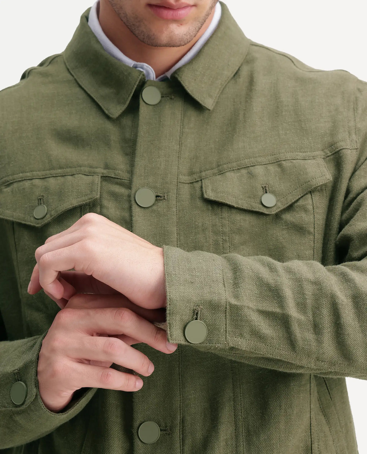 Rare Rabbit Men's Mirk-S Green Linen Blend Spread Collar Regular Plain Jacket