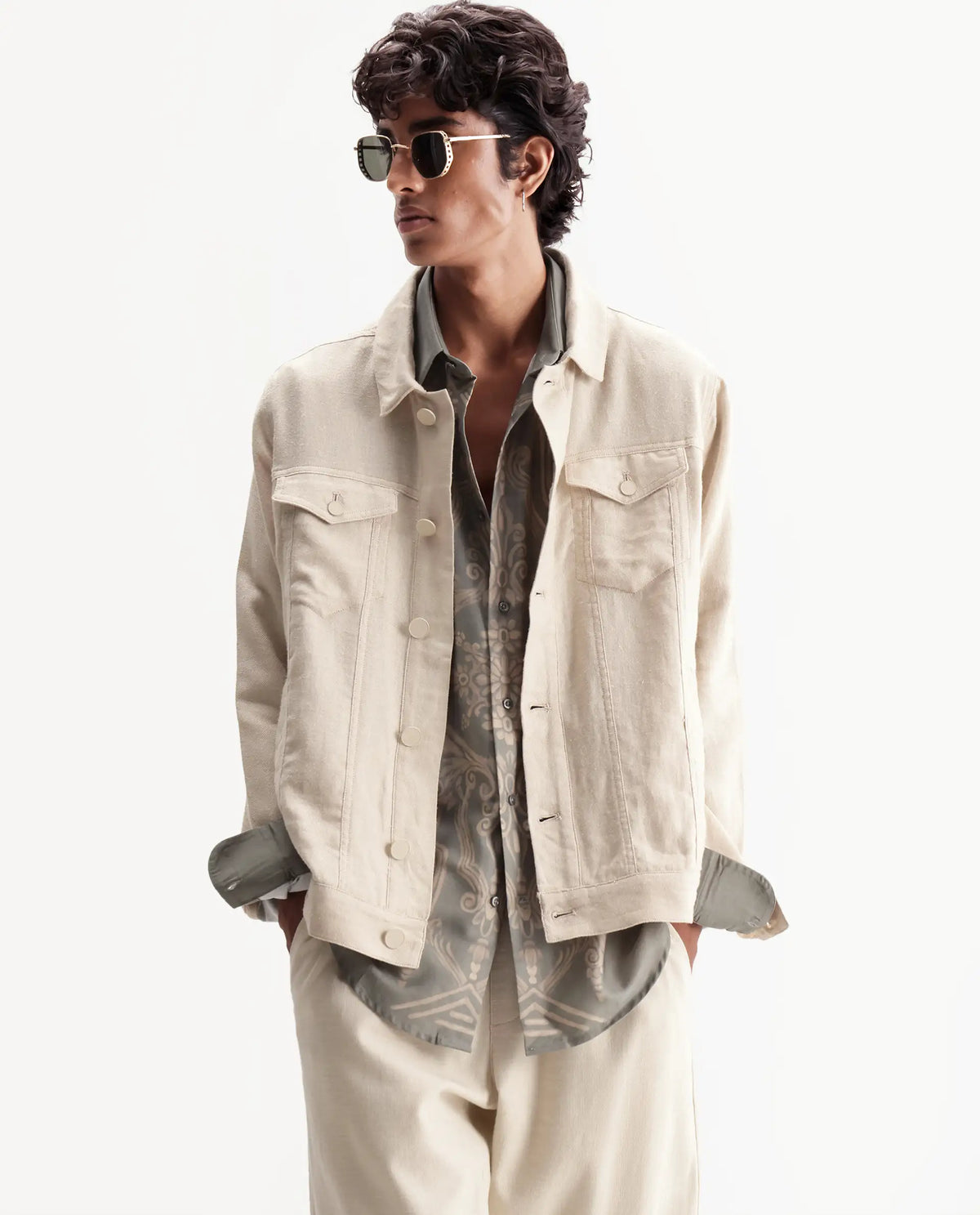 Rare Rabbit Men's Mirk-S Off White Linen Blend Spread Collar Regular Plain Jacket