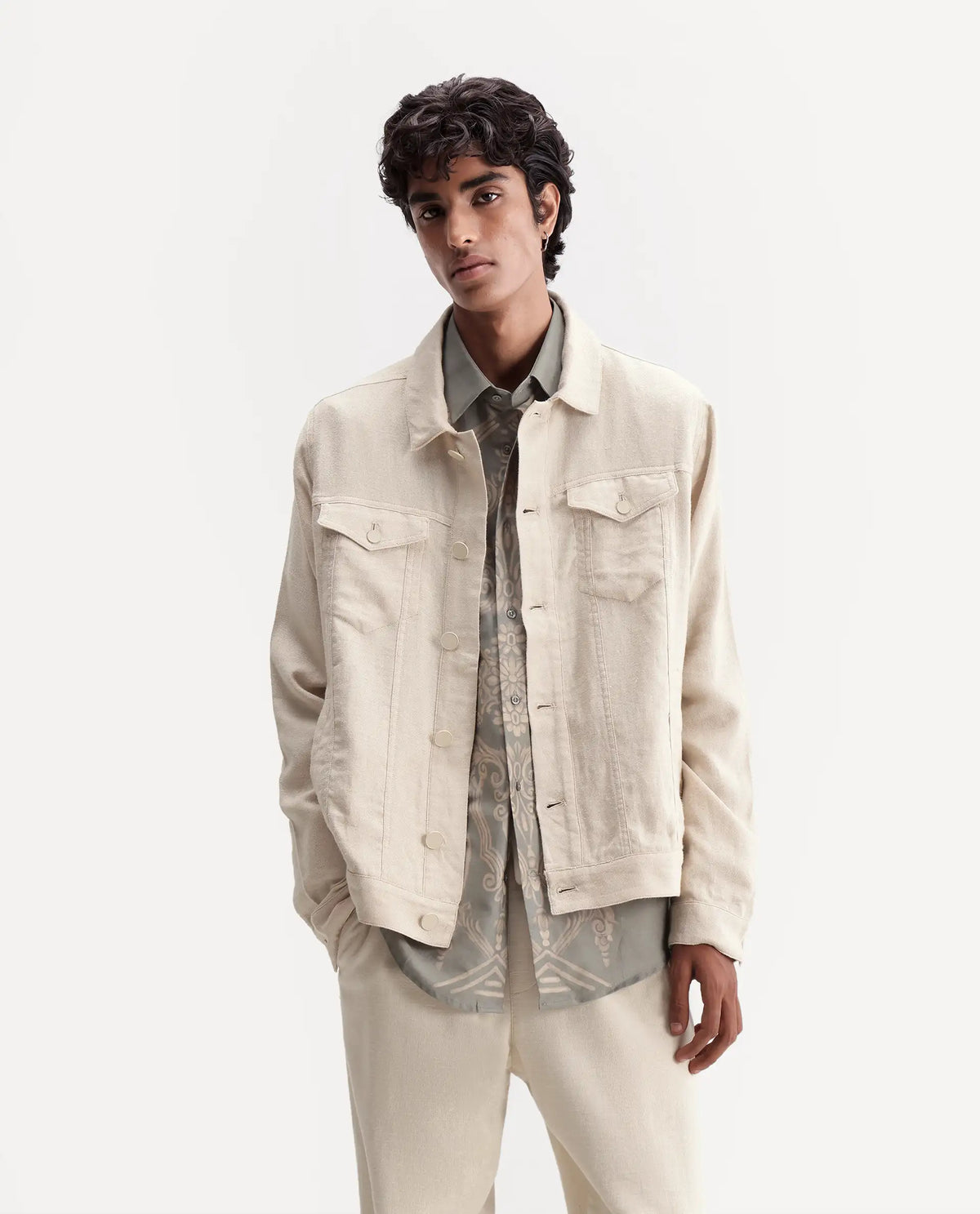 Rare Rabbit Men's Mirk-S Off White Linen Blend Spread Collar Regular Plain Jacket
