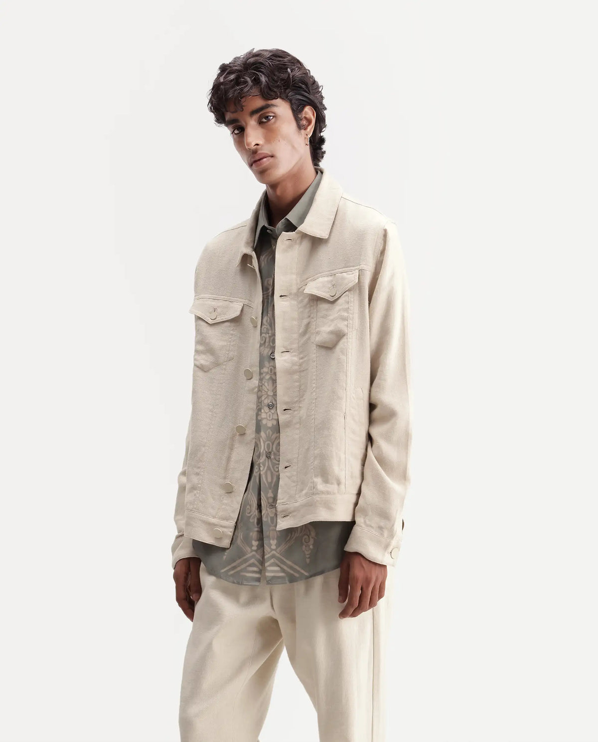 Rare Rabbit Men's Mirk-S Off White Linen Blend Spread Collar Regular Plain Jacket