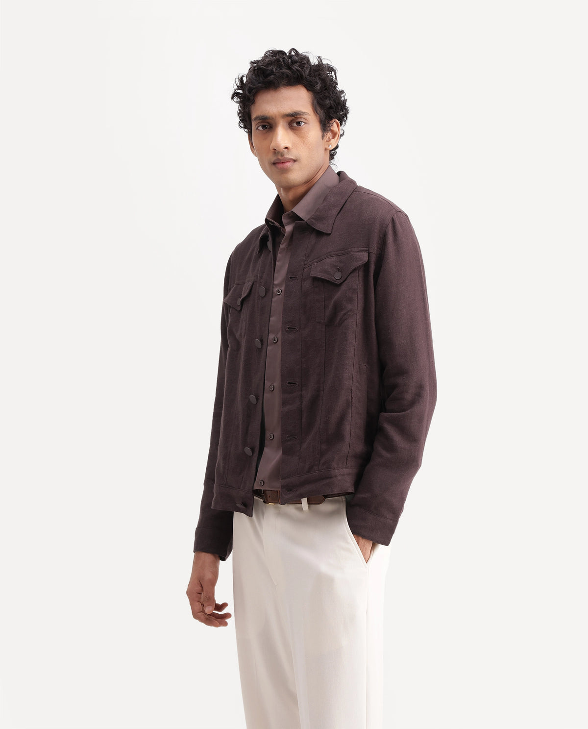 Rare Rabbit Men's Mirk-S Dark Purple Linen Blend Spread Collar Regular Plain Jacket