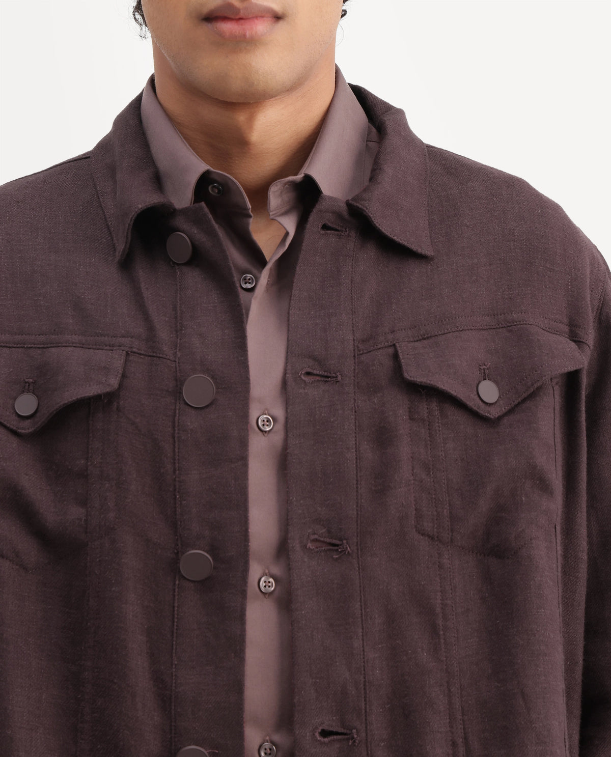 Rare Rabbit Men's Mirk-S Dark Purple Linen Blend Spread Collar Regular Plain Jacket
