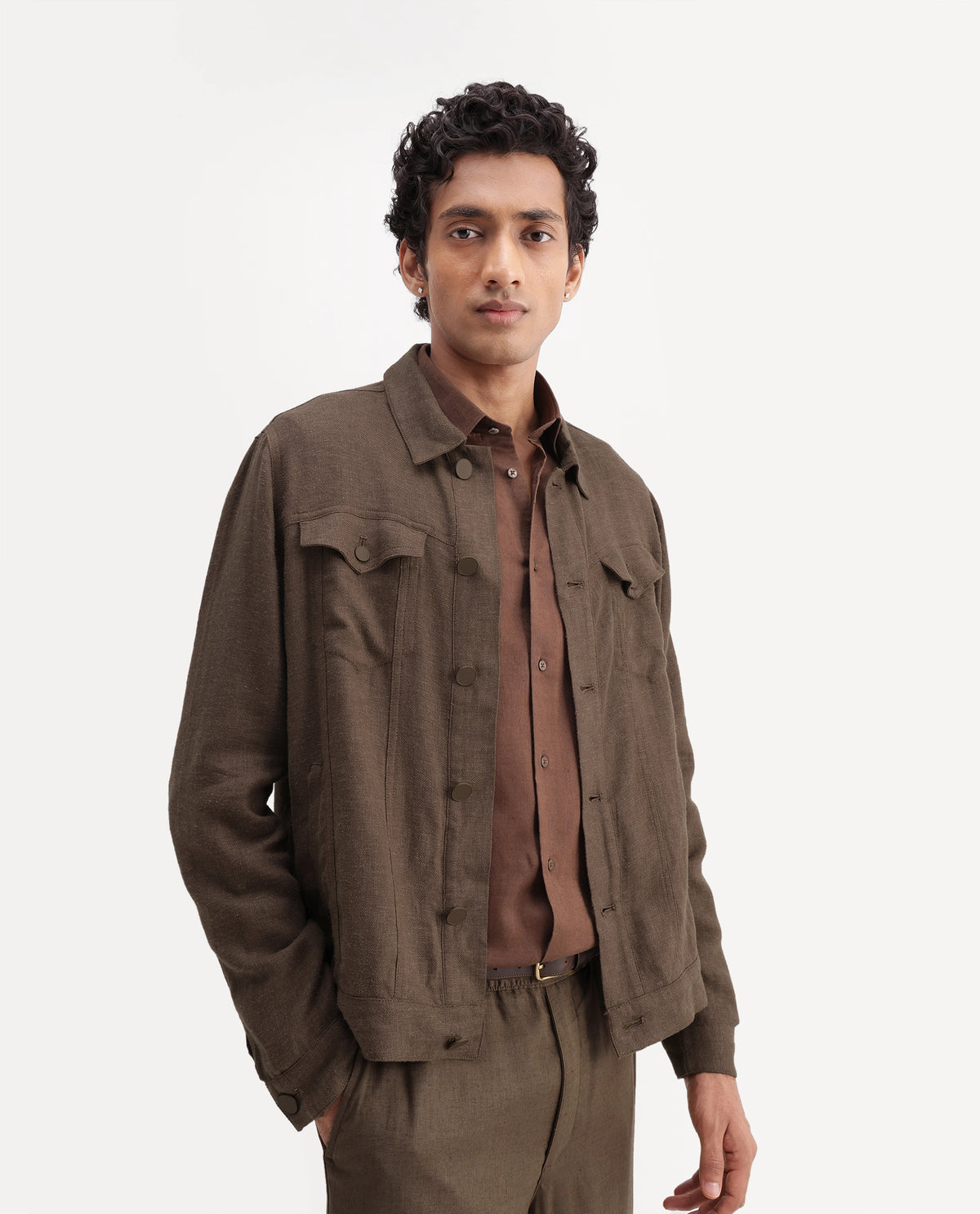 Rare Rabbit Men's Mirk-S Dusky Brown Linen Blend Spread Collar Regular Plain Jacket