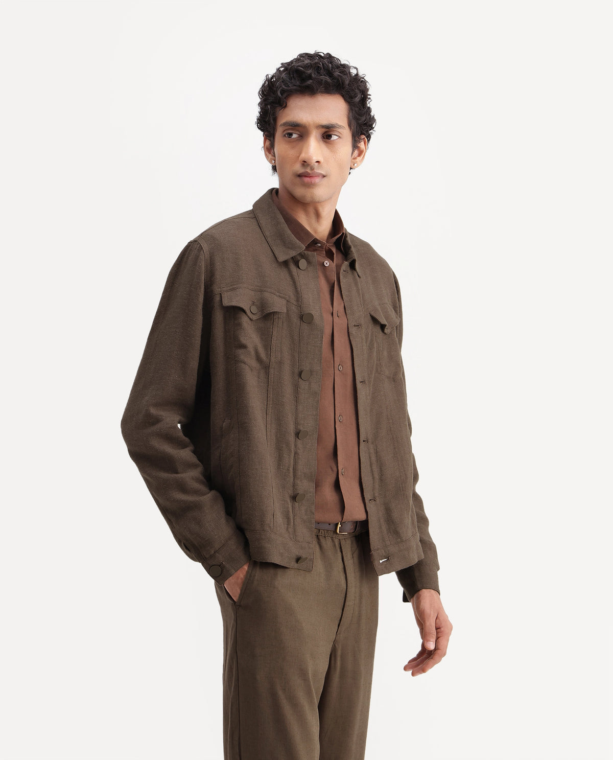 Rare Rabbit Men's Mirk-S Dusky Brown Linen Blend Spread Collar Regular Plain Jacket
