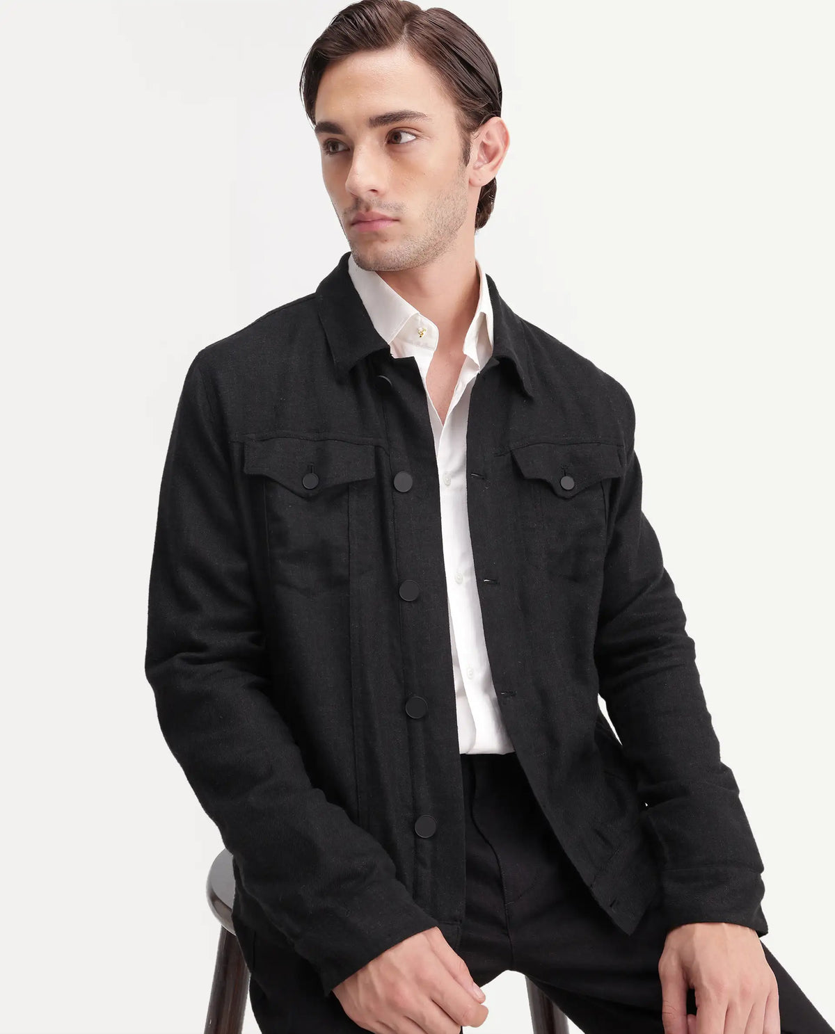 Rare Rabbit Men's Mirk-S Black Linen Blend Spread Collar Regular Plain Jacket