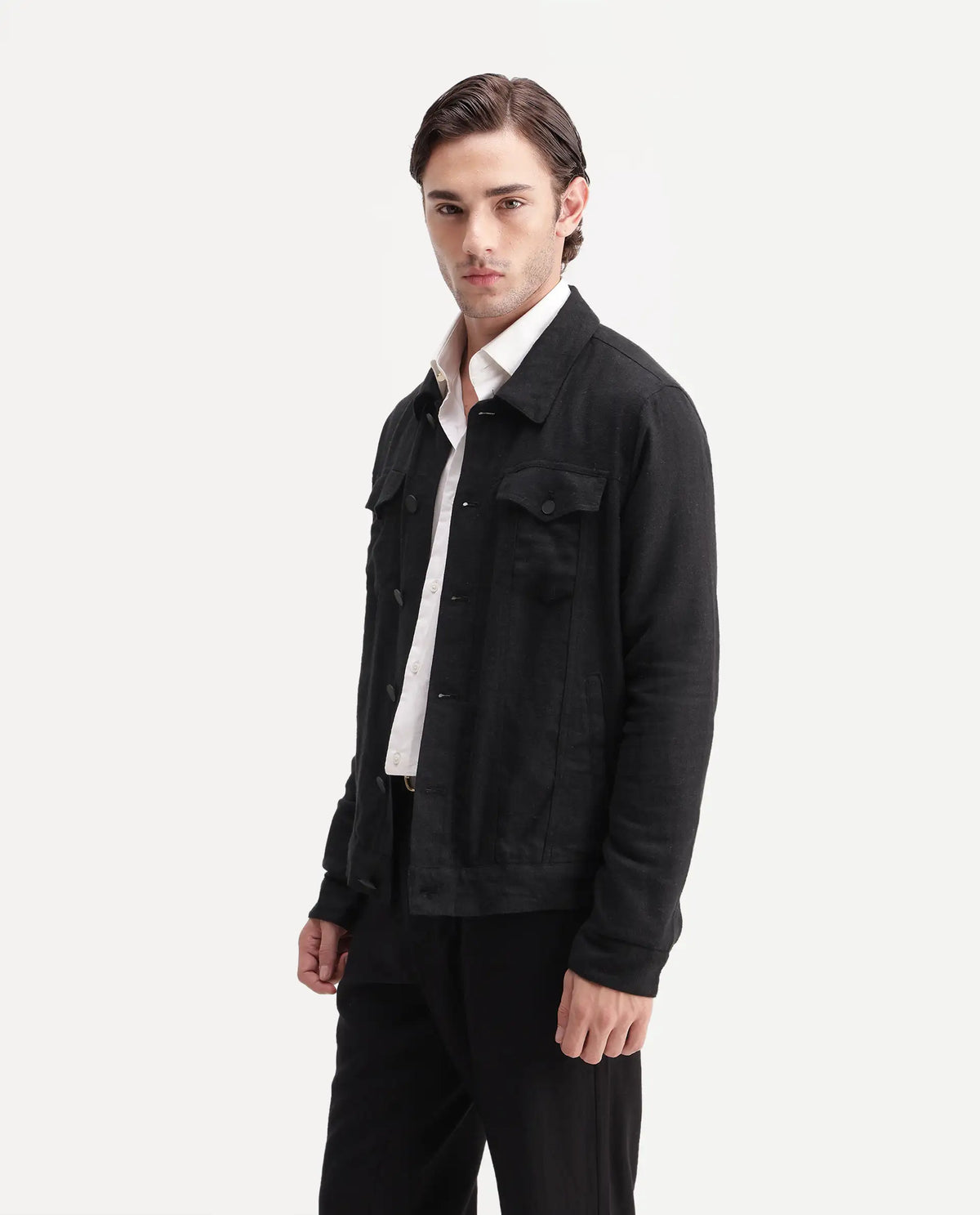 Rare Rabbit Men's Mirk-S Black Linen Blend Spread Collar Regular Plain Jacket