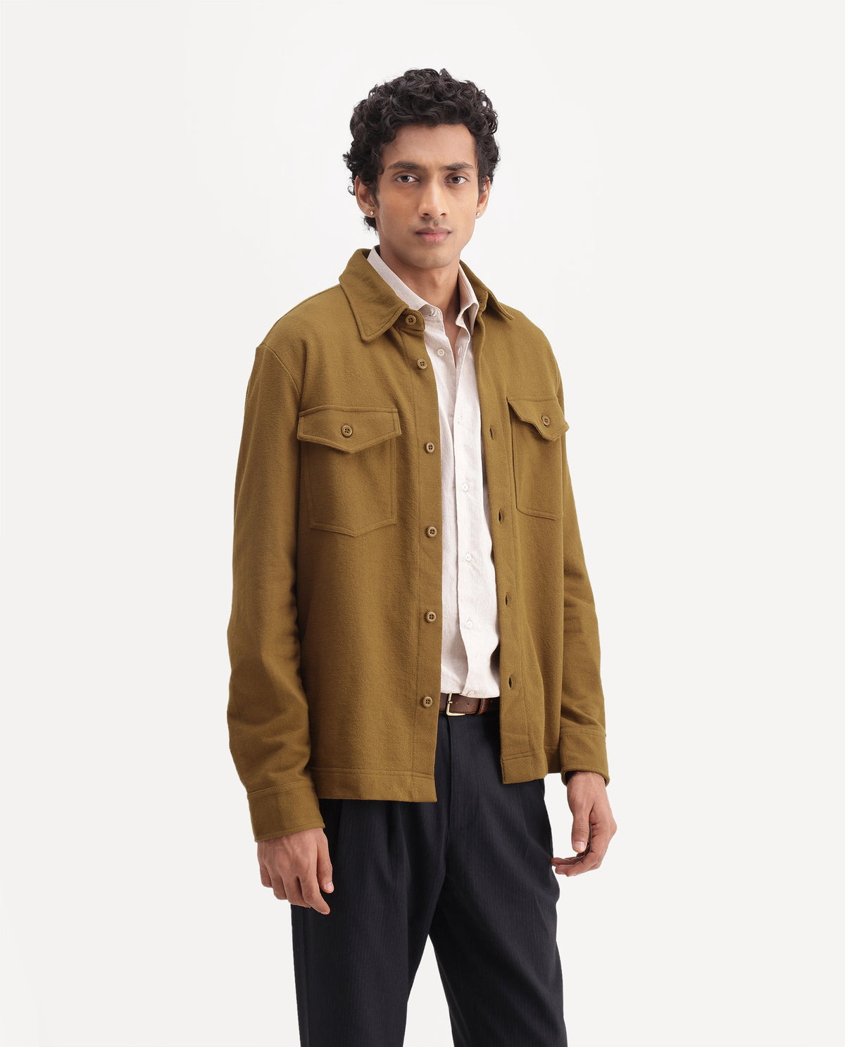 Rare Rabbit Mens Dido Dark Mustard Cotton Spread Collar Relaxed Textured Shacket
