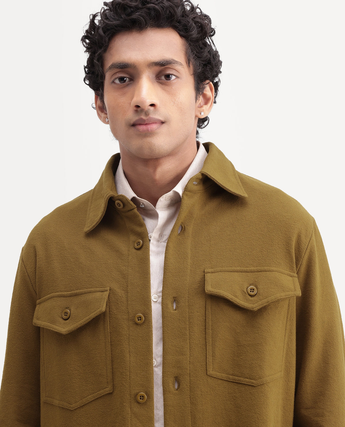 Rare Rabbit Mens Dido Dark Mustard Cotton Spread Collar Relaxed Textured Shacket