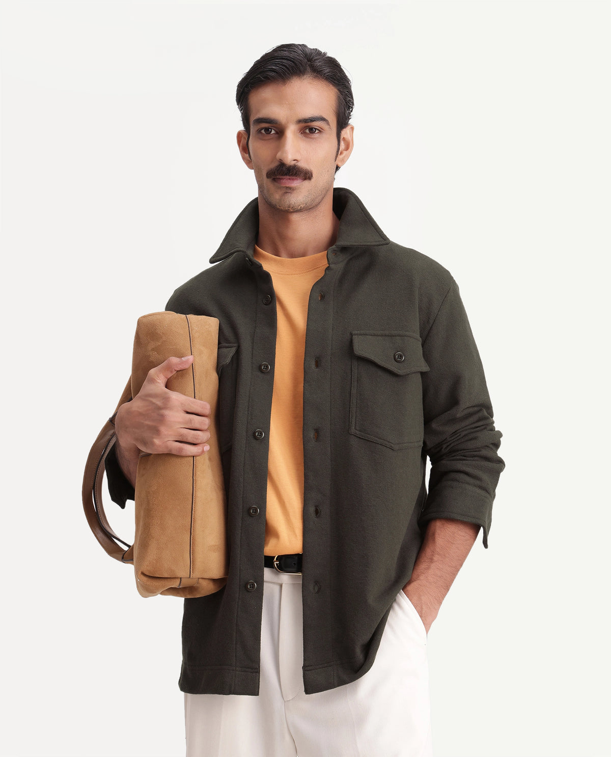 Rare Rabbit Mens Dido Olive Cotton Spread Collar Relaxed Textured Shacket