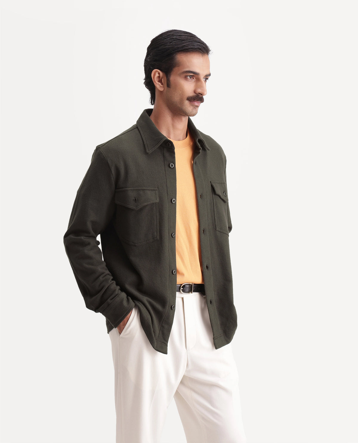 Rare Rabbit Mens Dido Olive Cotton Spread Collar Relaxed Textured Shacket
