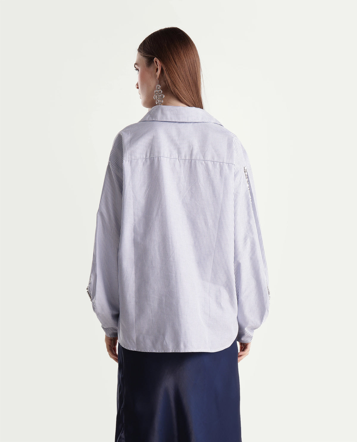Rareism Womens Guldon Light Blue Cotton Blend Spread Collar Relaxed Striped Shirt