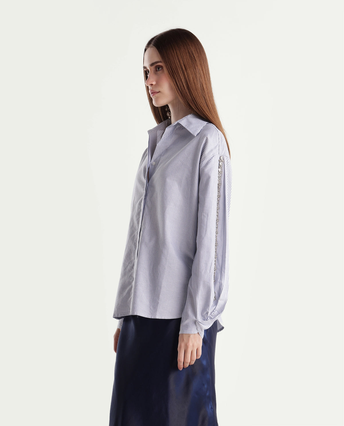 Rareism Womens Guldon Light Blue Cotton Blend Spread Collar Relaxed Striped Shirt