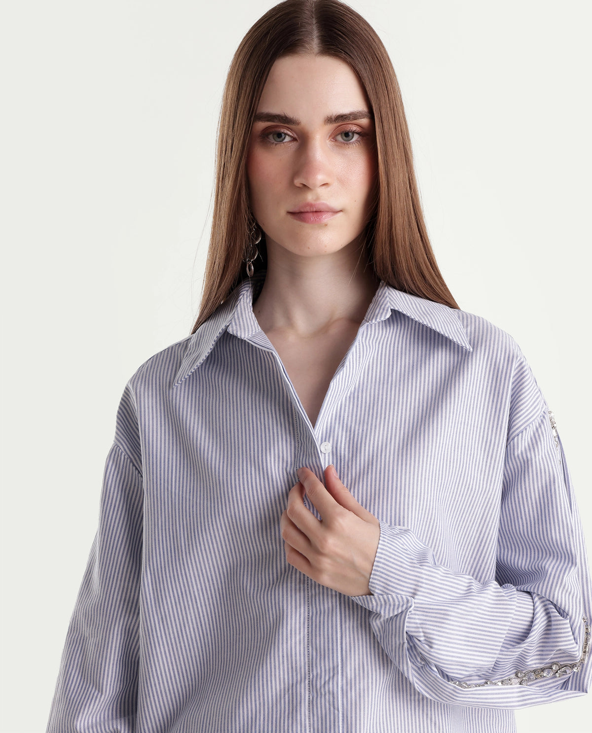 Rareism Womens Guldon Light Blue Cotton Blend Spread Collar Relaxed Striped Shirt