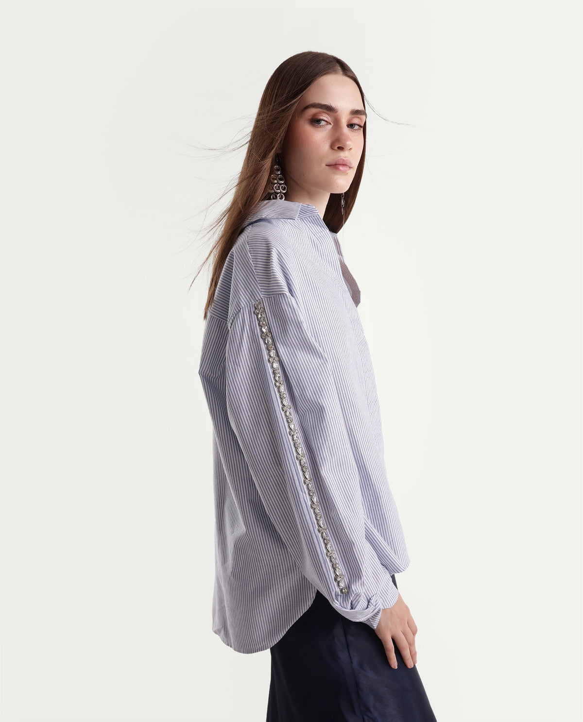 Rareism Womens Guldon Light Blue Cotton Blend Spread Collar Relaxed Striped Shirt